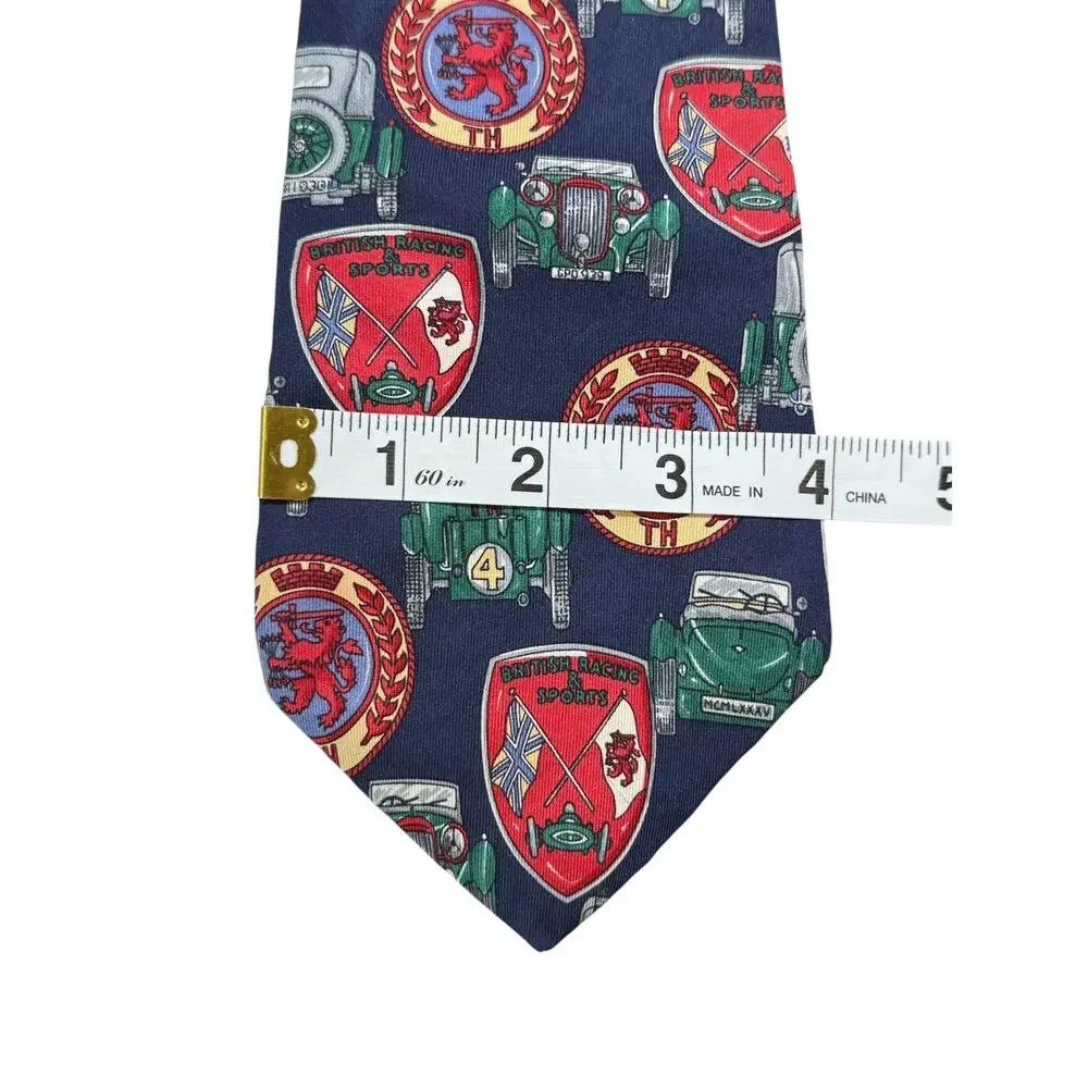 VTG Tommy Hilfiger Silk Necktie Heraldic Crest Shield Race Car Blue Red Made USA